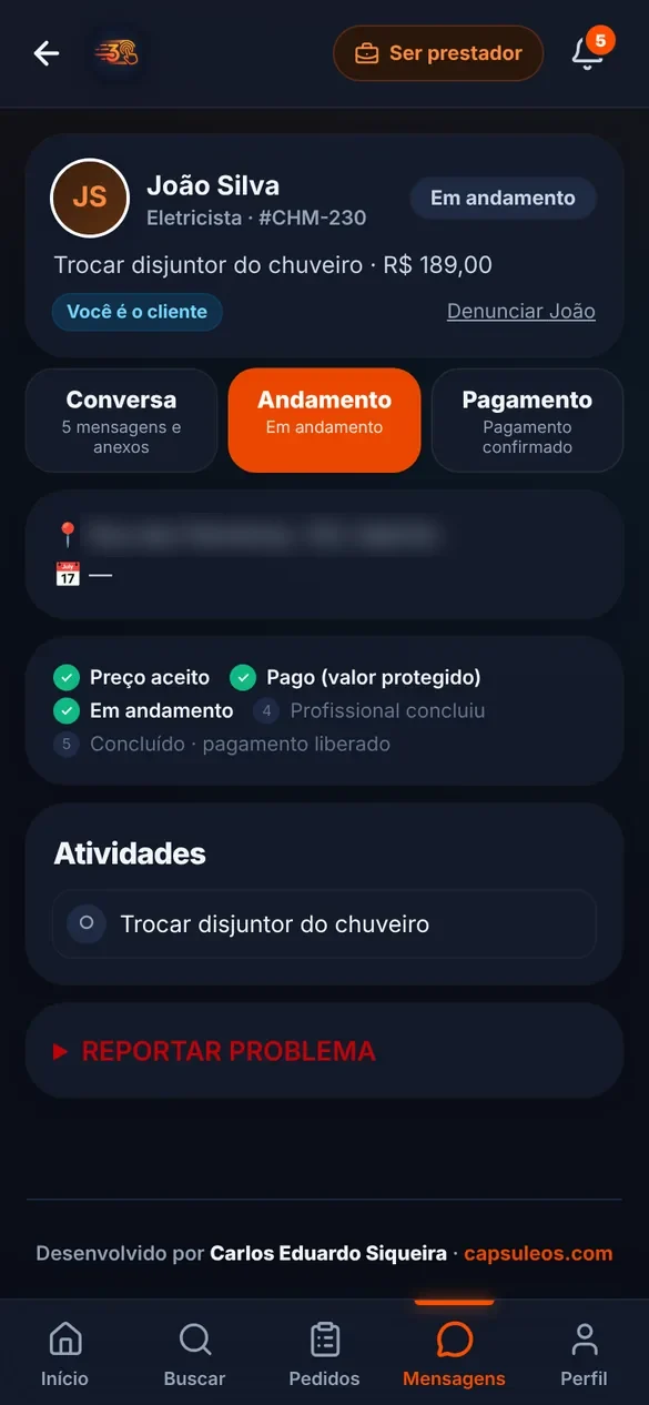 Andamento do pedido: preço aceito, pagamento protegido e atividades