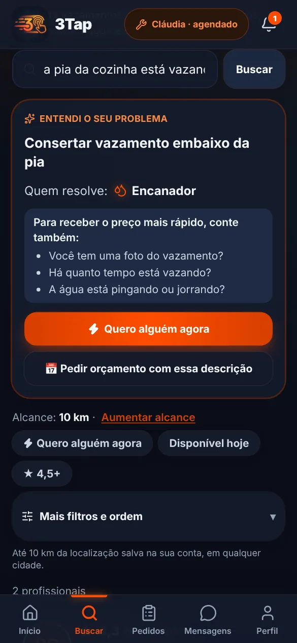 Busca do 3Tap entendendo a frase 'a pia da cozinha está vazando por baixo do armário': indica Encanador e sugere perguntas para o orçamento
