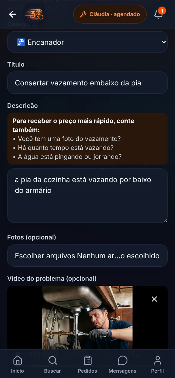 Pedido de orçamento já preenchido pelo 3Tap, com as perguntas sugeridas e um vídeo do problema anexado